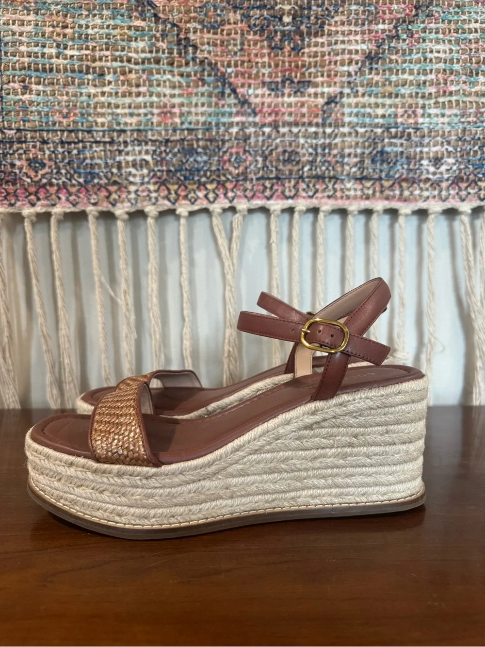 Cole Haan Women's Tan Woven Espadrille Wedge Sandals with Ankle Strap